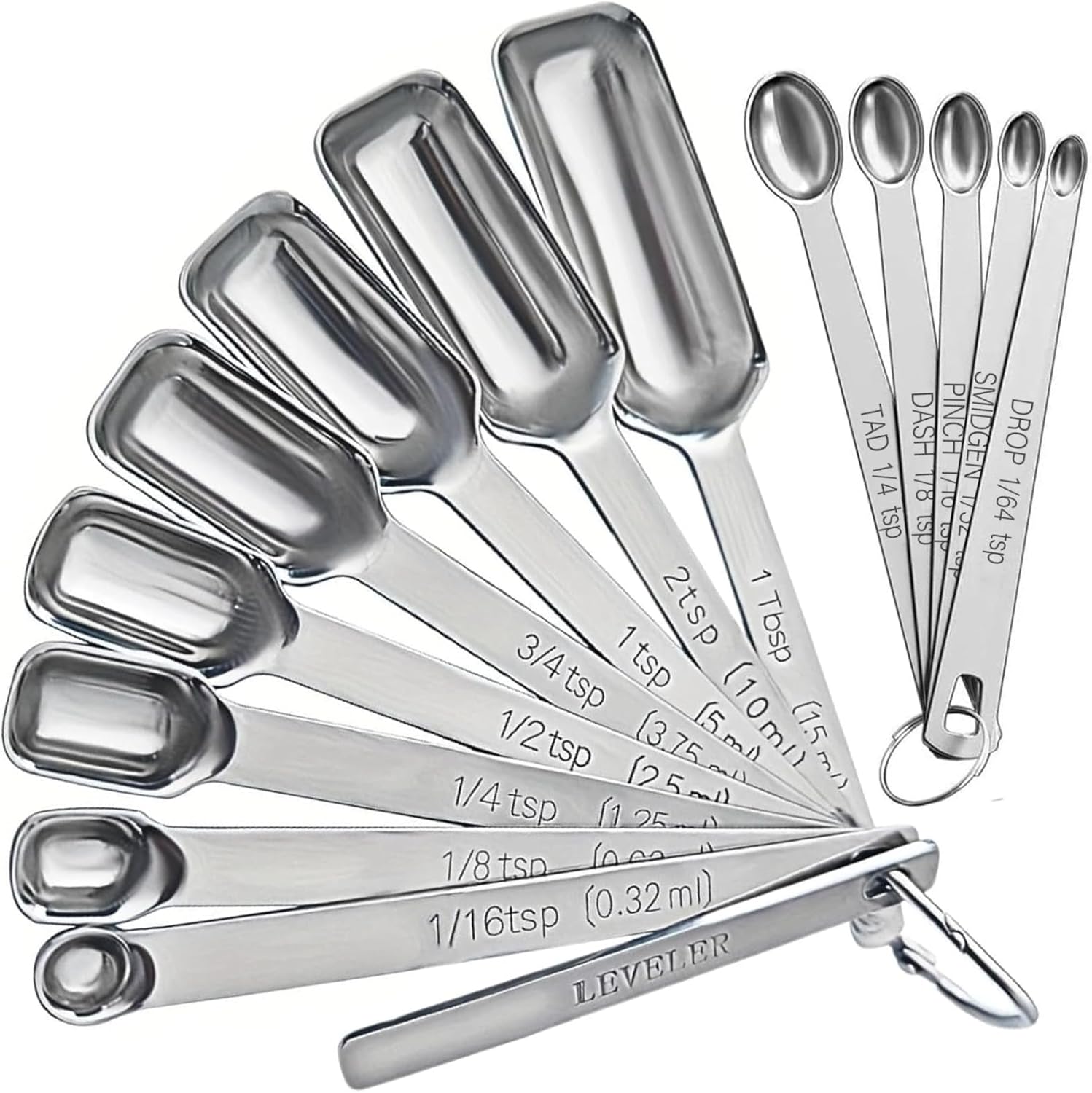 Stainless Steel Measuring Spoons Set of 14 with Leveler, Rectangular Teaspoon & Tablespoon