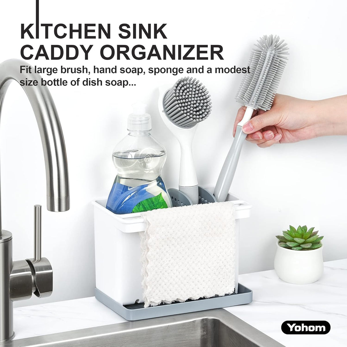 YOHOM Sink Brush Holder for Kitchen Sink Sponge Caddy Countertop Organizer Plastic Dish Scrubber