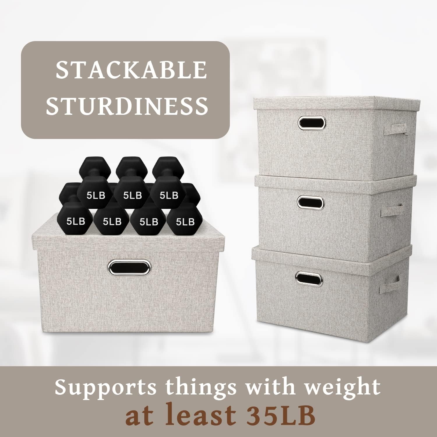 Medium 15" 21 Quart Collapsible Stackable Storage Bins with Lids, 3 Packs Beige Foldable Fabric