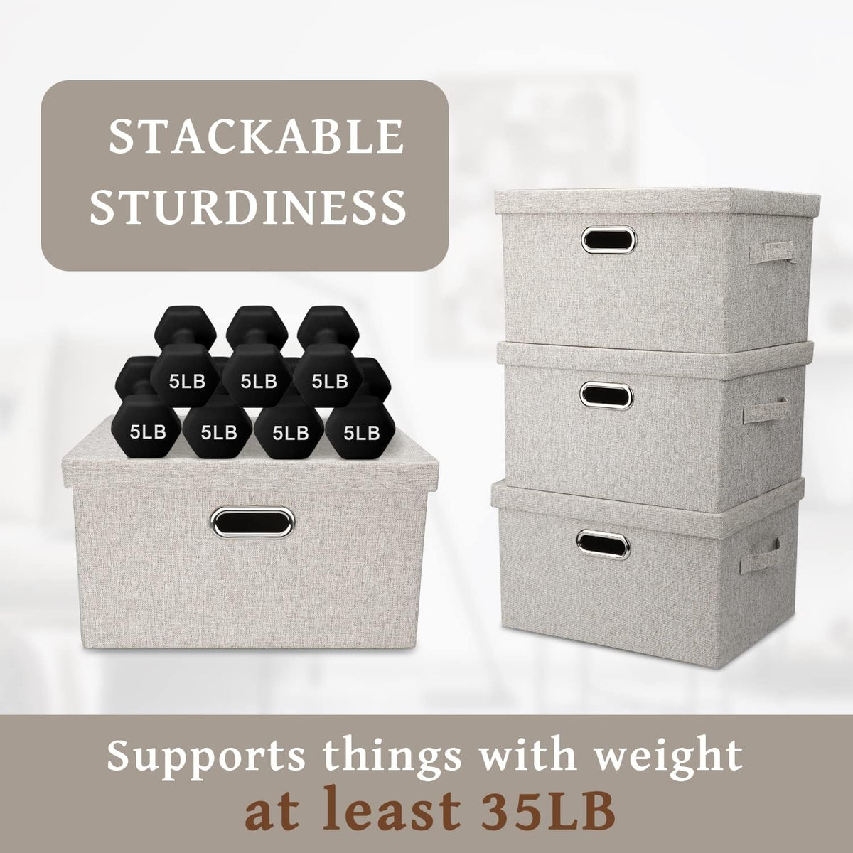 Medium 15" 21 Quart Collapsible Stackable Storage Bins with Lids, 1 Pack Beige Foldable Fabric