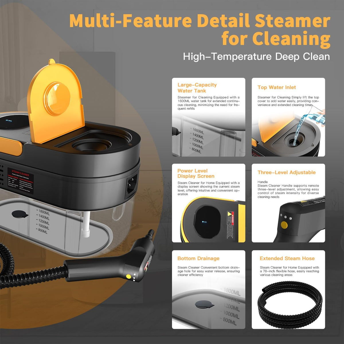 Steam Cleaner, 3-Level Adjustable Handle, 15s Heat-Up, 1.69 Quarts Tank, Portable Steamer for