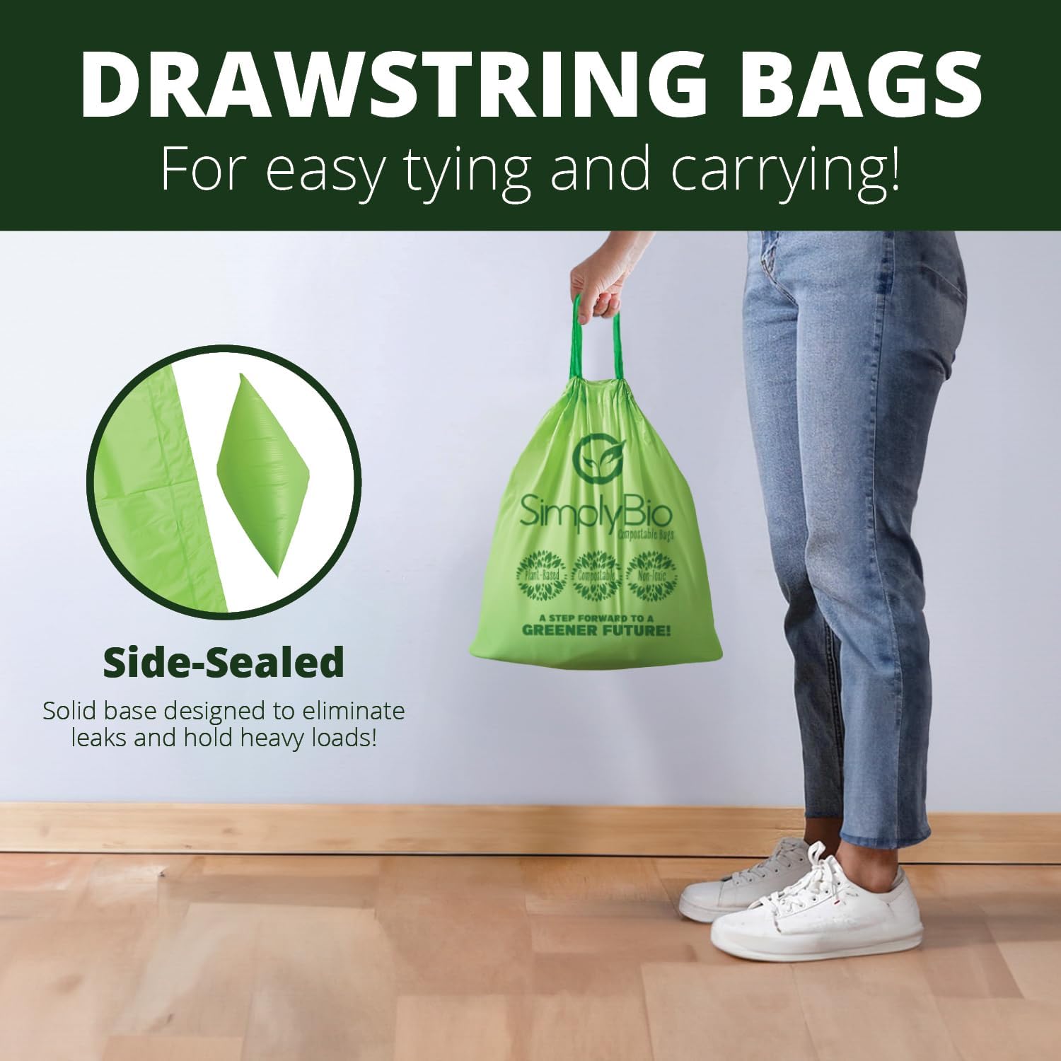 Simply Bio 3 Gallon Compostable Trash Bags Liners Drawstring, Heavy Duty Extra Thick 1 Mil, 11.36