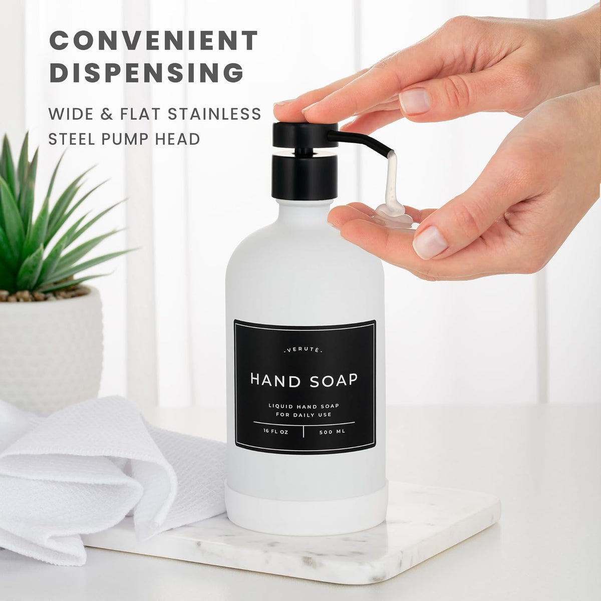 16oz Glass Soap Dispenser with Stainless Steel Pump, 21 Waterproof Labels, Non-Slip Protective