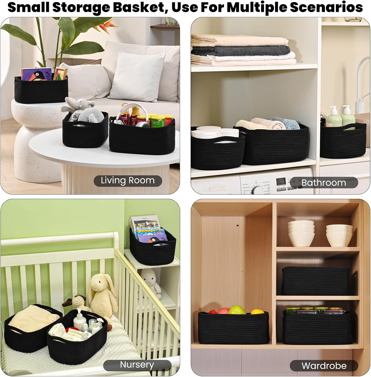 Small Black Baskets for Organizing, Storage Baskets for Shelves, Small Woven Cotton Rope Basket for