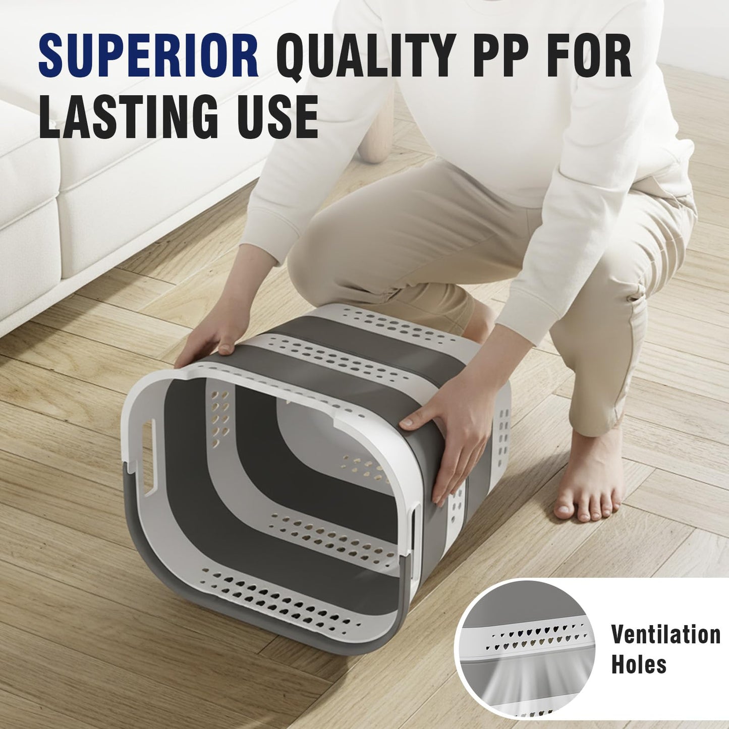 Collapsible Plastic Laundry Basket Hamper with Handles for Clothes Storage