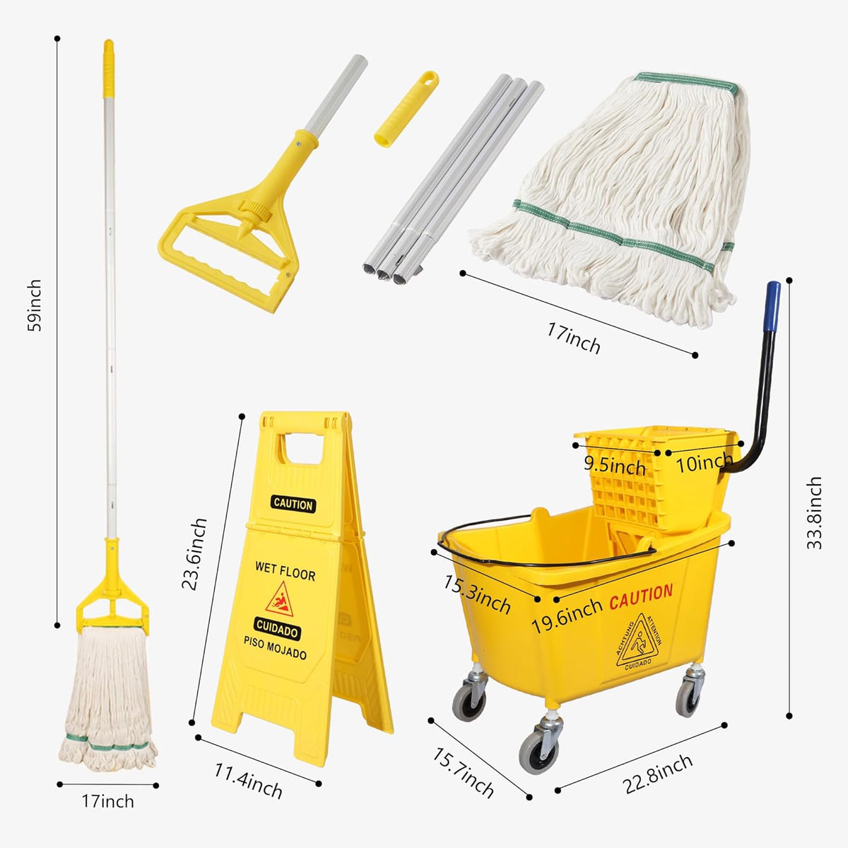 35Qt. Side-Press Mop Bucket and Wringer Combo on Wheels, Yellow, for Floor Cleaning/Wet