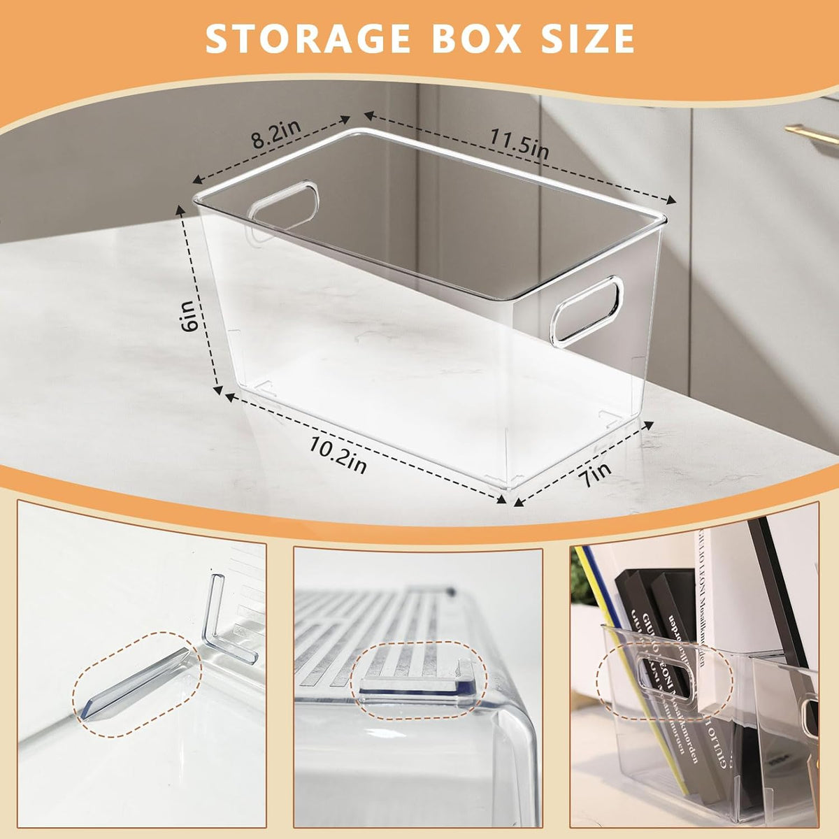 MOONEDGE 8-Pack Clear Plastic Storage Bins — Open-Top PET Containers and Organizers, 11" x 8" x 6"