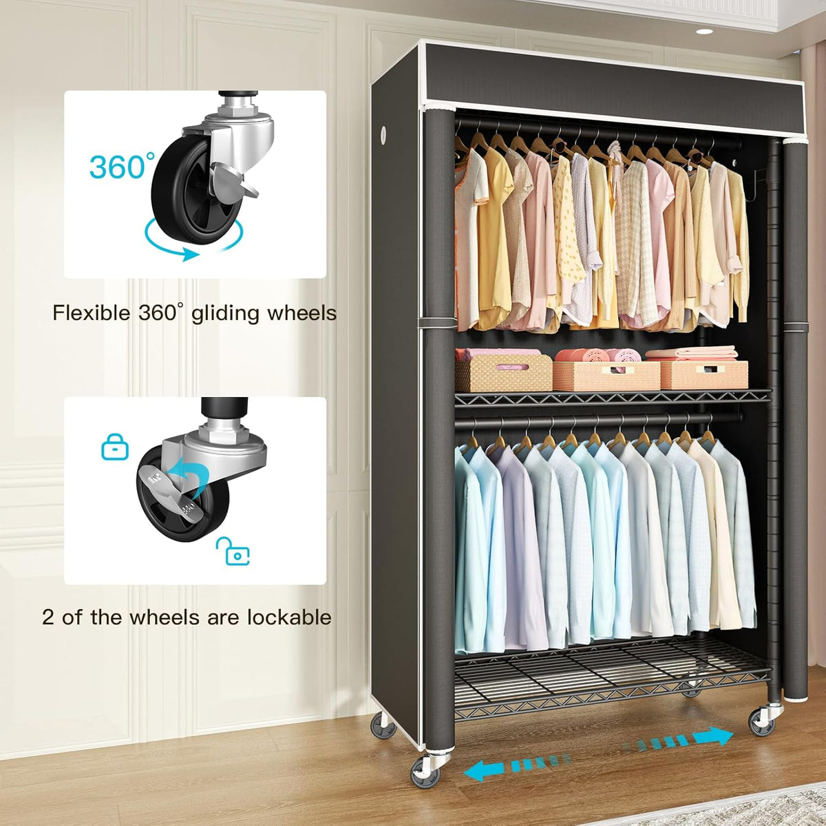 FUTASSI Clothing Rack with Cover, P1C Rolling Closets with Wheels, Metal Garment Rack for Hanging