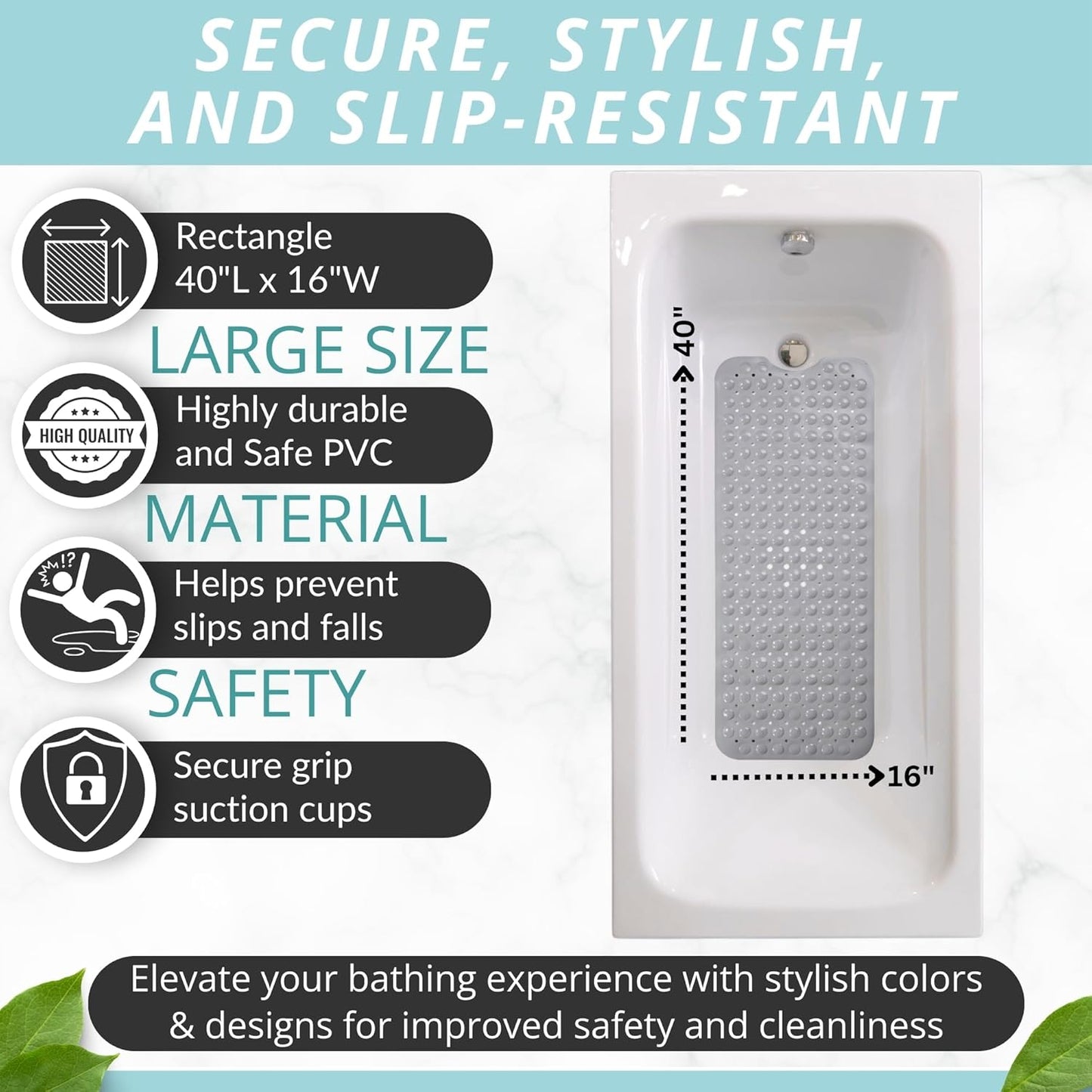 ENKOSI Large Non Slip Bathtub & Shower Mat - Extra Long 40 x 16 Inch, Anti Slip Bathmats for