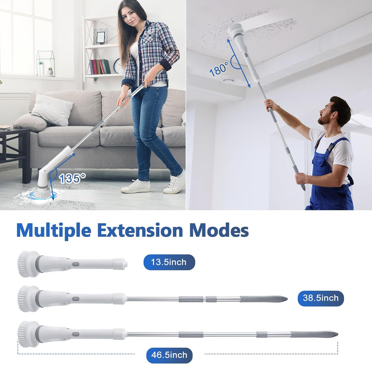 Qimedo Handheld Spin Scrubber with Extended Long Handle, Rechargeable Electric Scrubber for