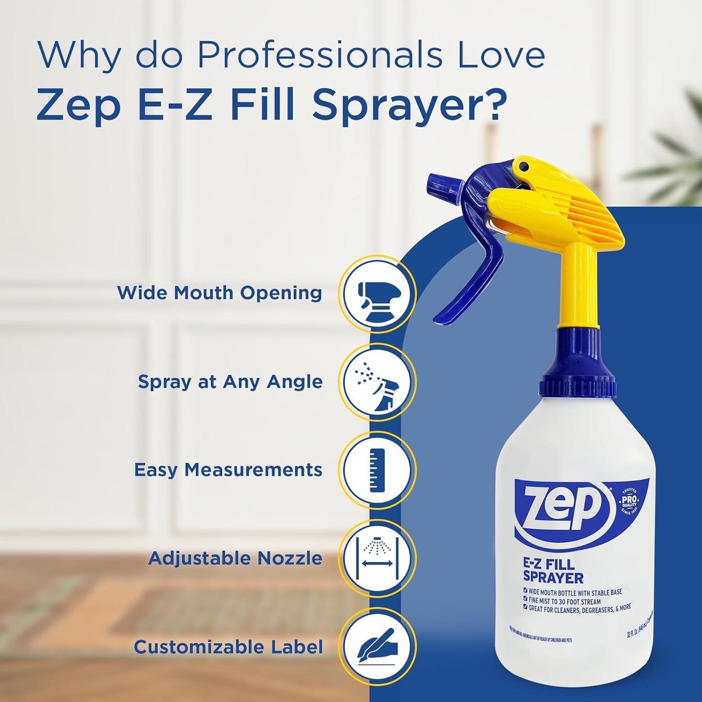 Zep E-Z Fill Professional Sprayer - 32 Ounce (Case of 8) - U43008 - Wide Mouth Spray Bottle for