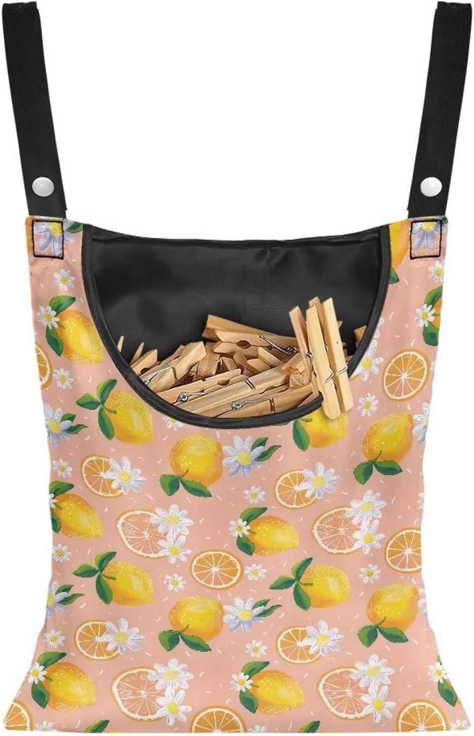 Lemon Print Clothespin Holder with Hanger Hook - Space-Saving Indoor and Outdoor Clothespin