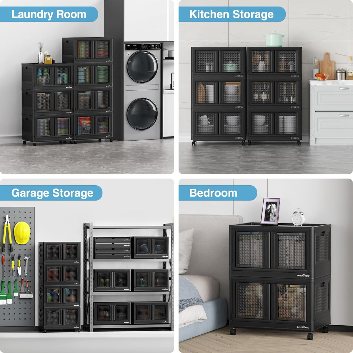 BROVIEW 500 Qt Stackable Storage Bins with Lids & Doors, 5 Pack Plastic Closet Organizer and
