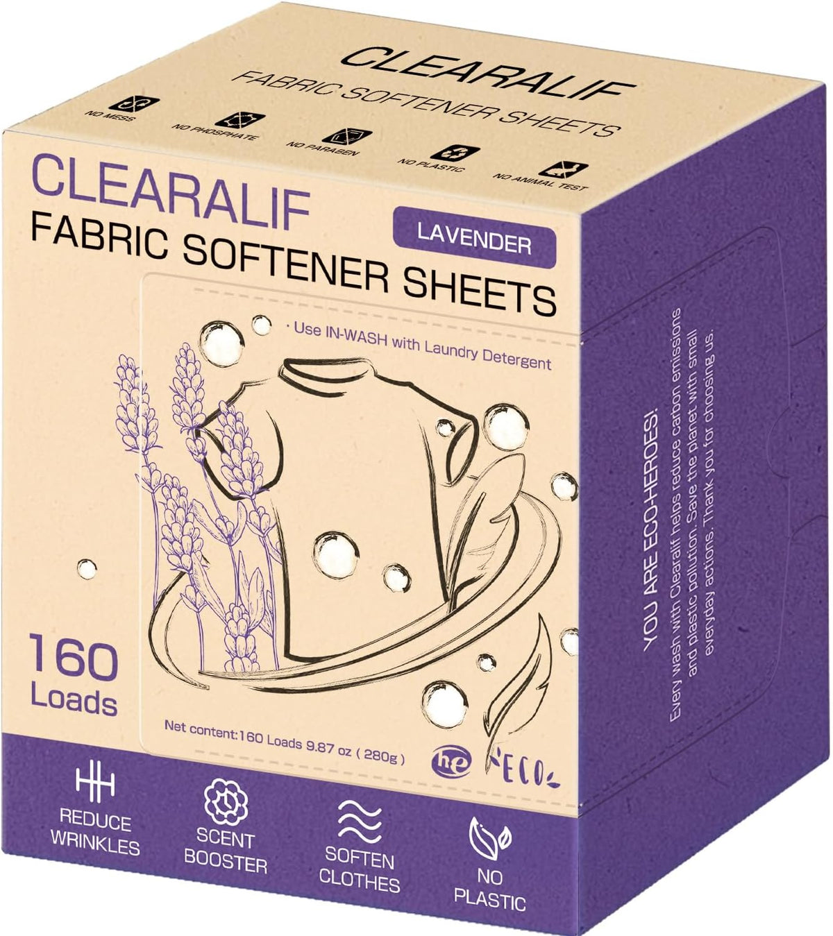 CLEARALIF laundry Fabric Softener Sheets, Lavender Scent, 160 Loads, Eco Friendly, Great For