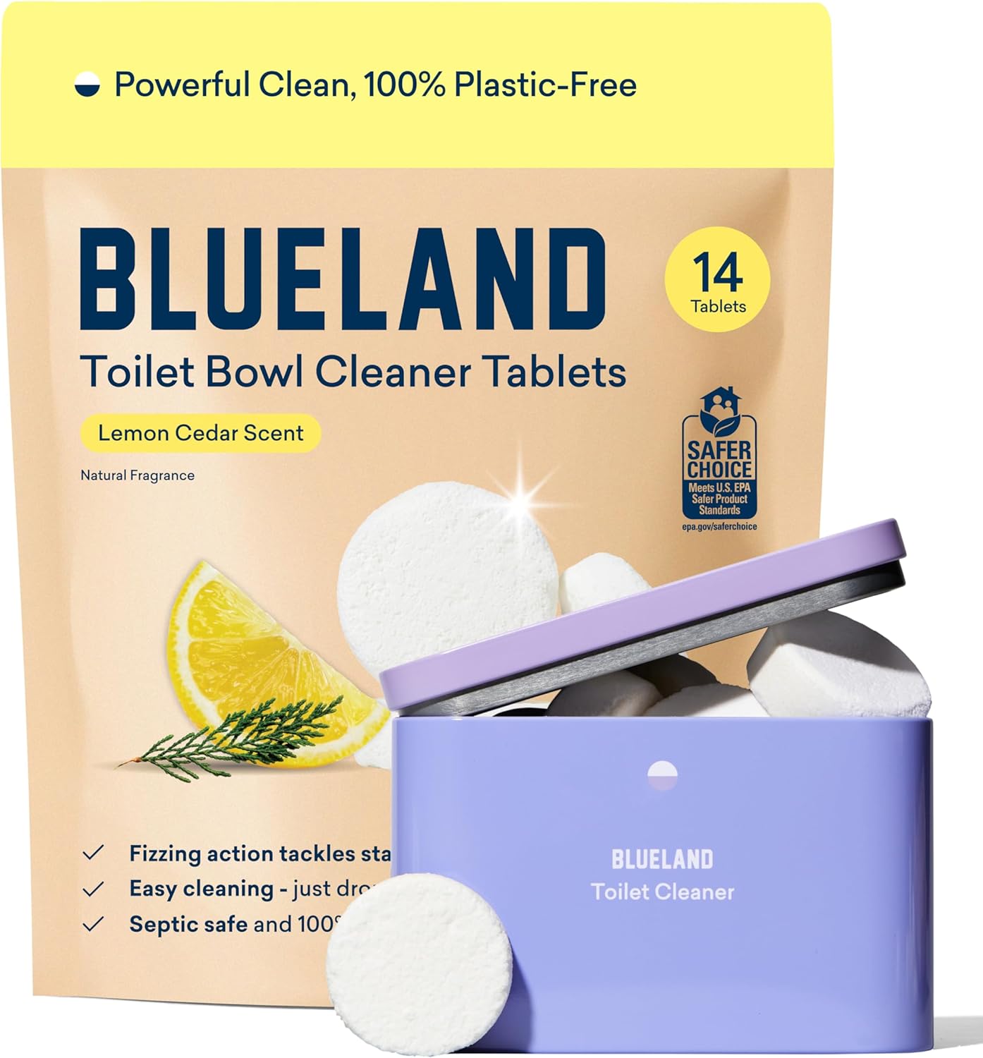 BLUELAND Toilet Bowl Cleaner Tablets, Starter Set, 14 Count with Tin, Lemon Cedar, Plastic-Free, No