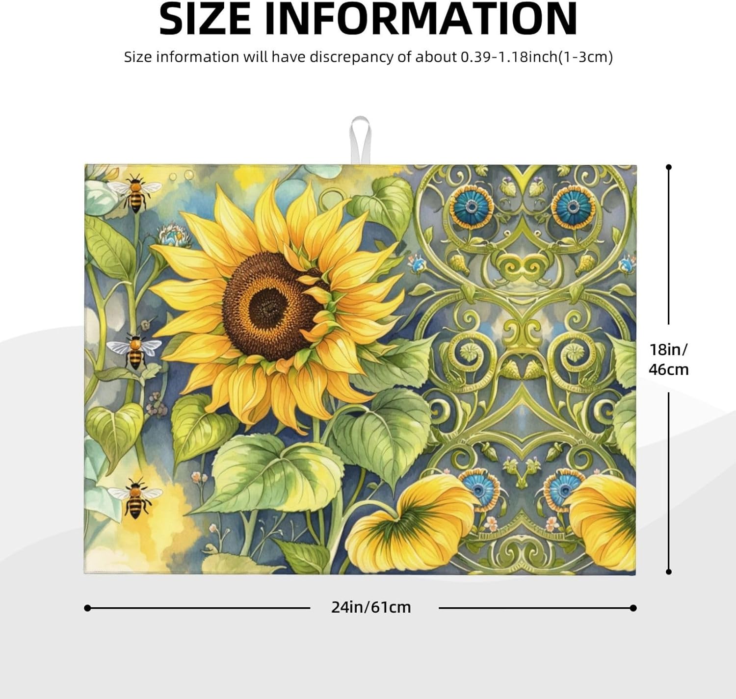 Sunflower Bee Dish Drying Mat Highly Absorbent Double-Sided Microfiber with Hanging Loop Reversible