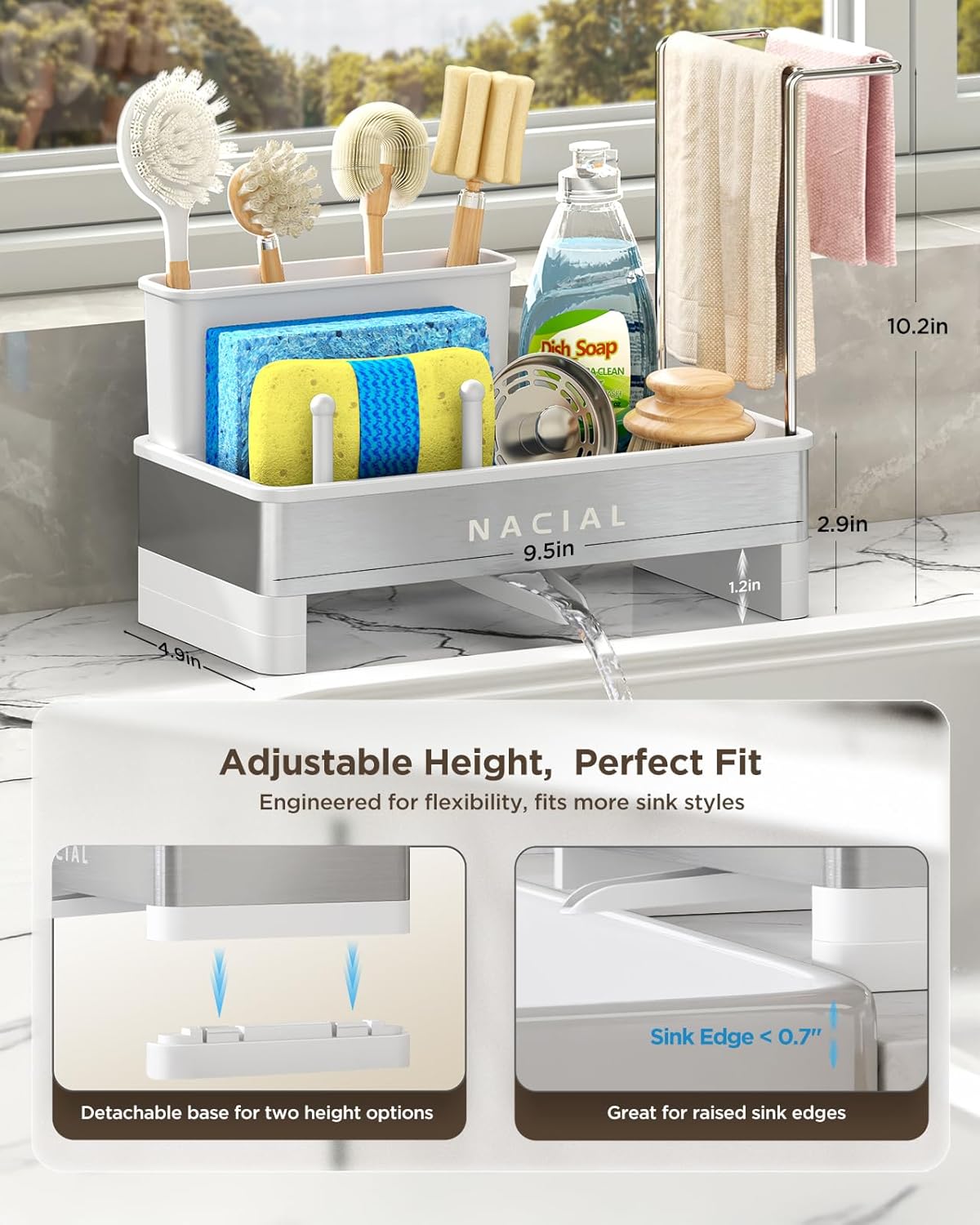 Nacial Sponge Holder for Kitchen Sink, Sink Caddy Organizer with High Brush Holder, Two Towel Racks