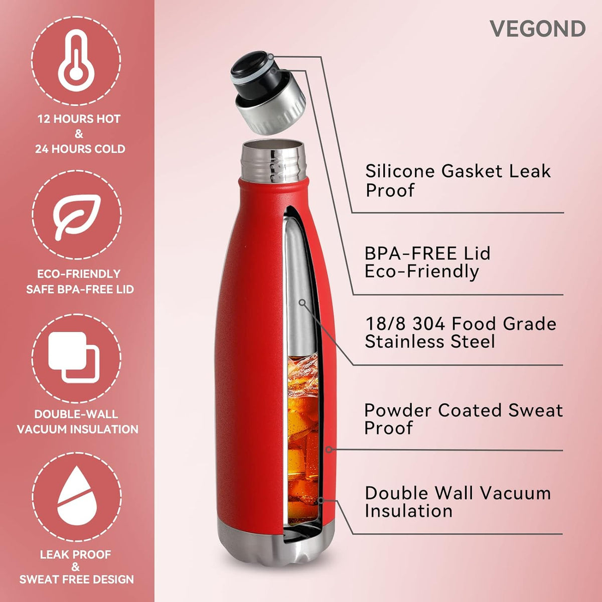 VEGOND 17oz Stainless Steel Water Bottles, Reusable Metal Sports Water Bottle Keeps Drink Hot and