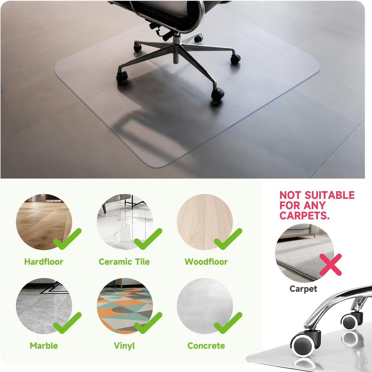 SOONAN Chair Mat for Hardwood Floor, 48" x 36" Clear Office Floor Mat, 0.08" Thickness Heavy Duty