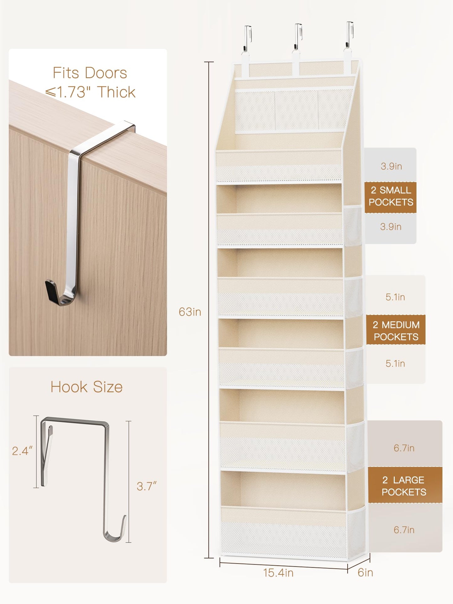 Criusia Over the Door Organizer, 6-Shelf Closet Hanging Storage with 13 Mesh Pockets, 55lbs