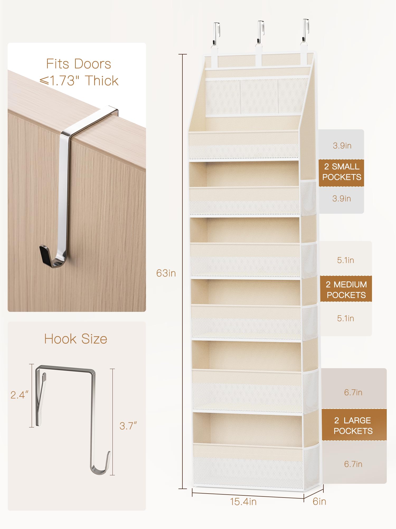 Criusia Over the Door Organizer, 6-Shelf Closet Hanging Storage with 13 Mesh Pockets, 55lbs