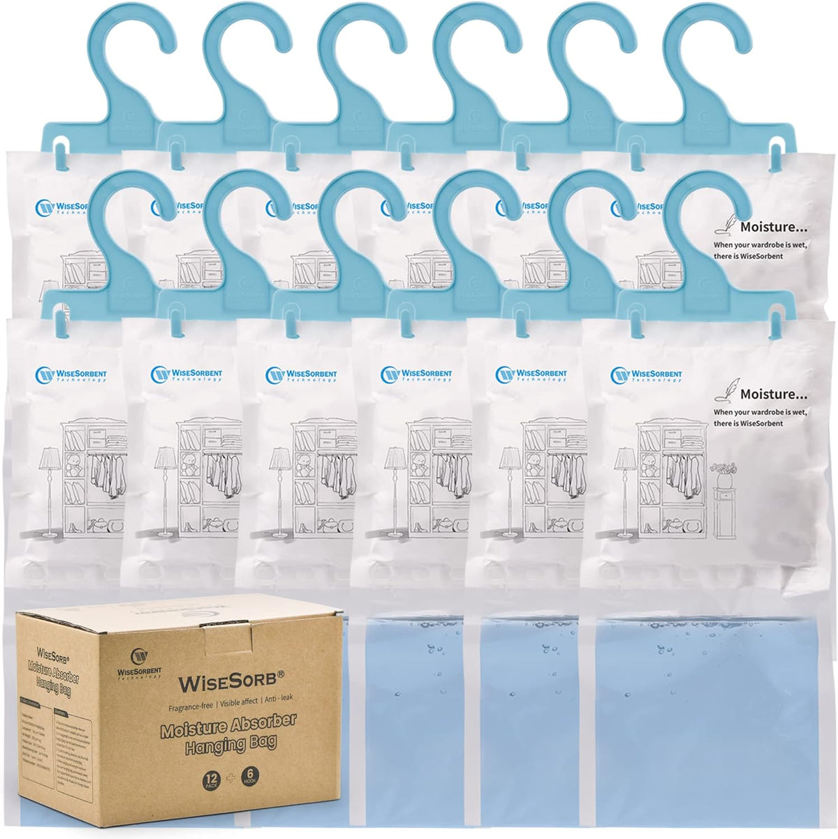 12 Pack (7 oz. ea.) Moisture Absorber Refill Hanging Bags, Moisture Absorber Packets with Reusable