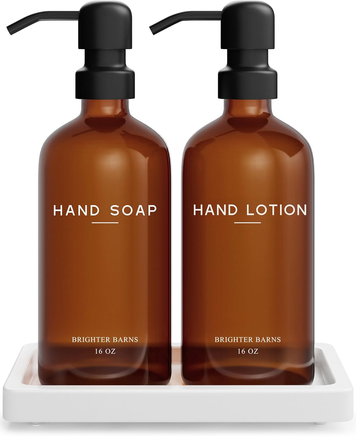 Amber Glass Soap and Lotion Dispenser Set with Tray by Brighter Barns - Hand Soap Dispenser