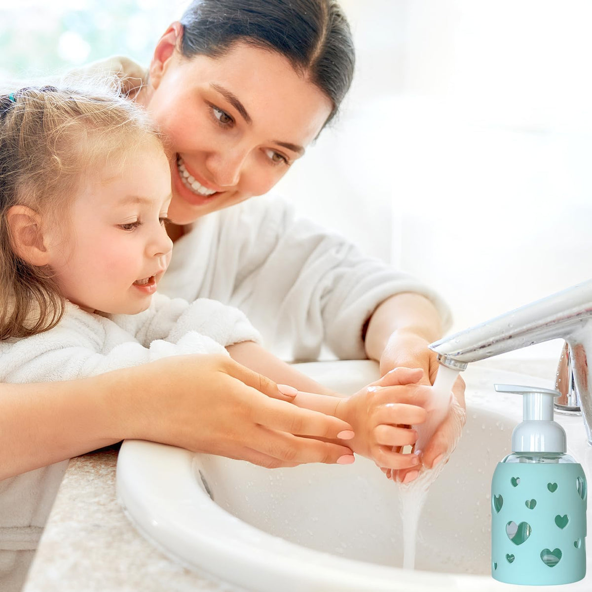 SoCal Suds & Company Glass Foaming Hand Soap Dispenser, Heart Silicone Sleeve, Refillable Pump