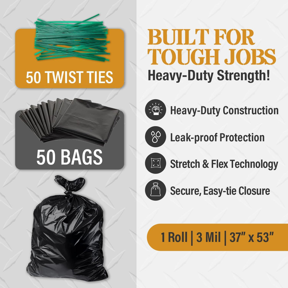 Extra Heavy Duty Black Contractor Garbage Bags 55 Gallon, 50 Trash Bags, Construction Grade, 3 mil