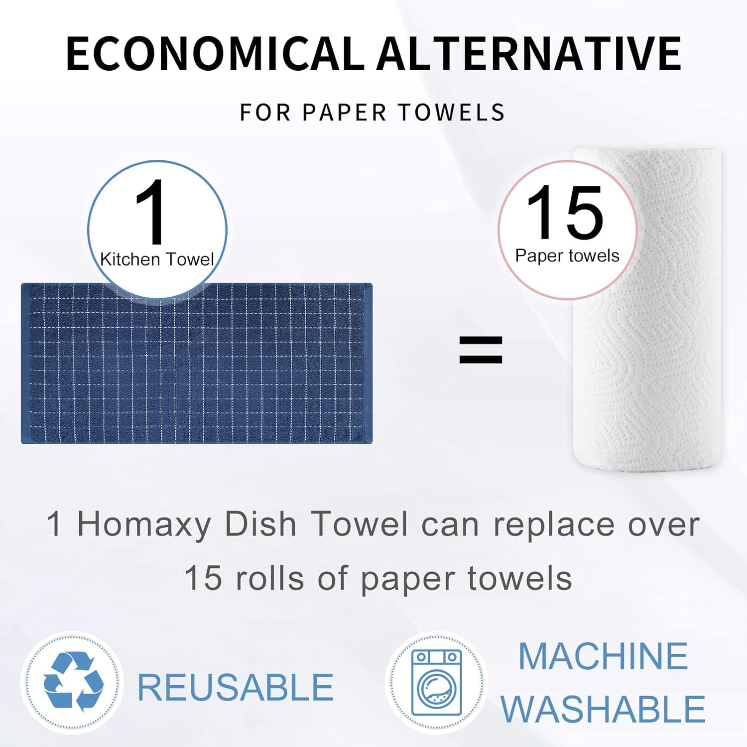 Homaxy 100% Cotton Terry Kitchen Towels(Navy Blue, 13 x 28 inches), Checkered Designed, Soft and