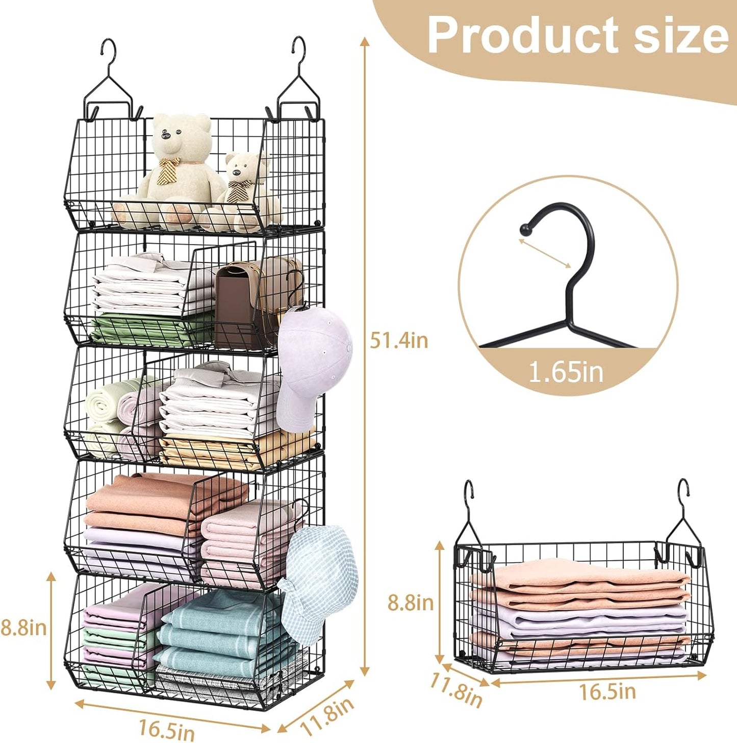 5 Tier Extra Large Closet Hanging Organizer with 5 Dividers,16.5"L x 11.8"W x 51.4"H Closet