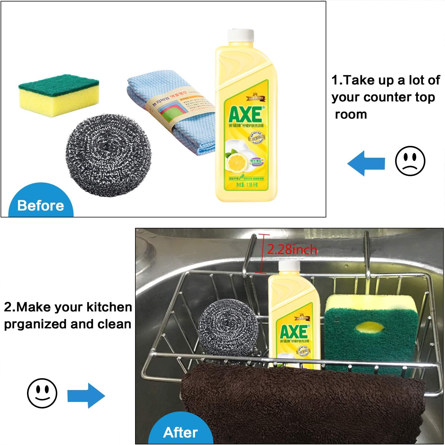 Kitchen Sponge Holder, Dish Brush Holder, Slim Sink Organization/Draining Basket/Liquid