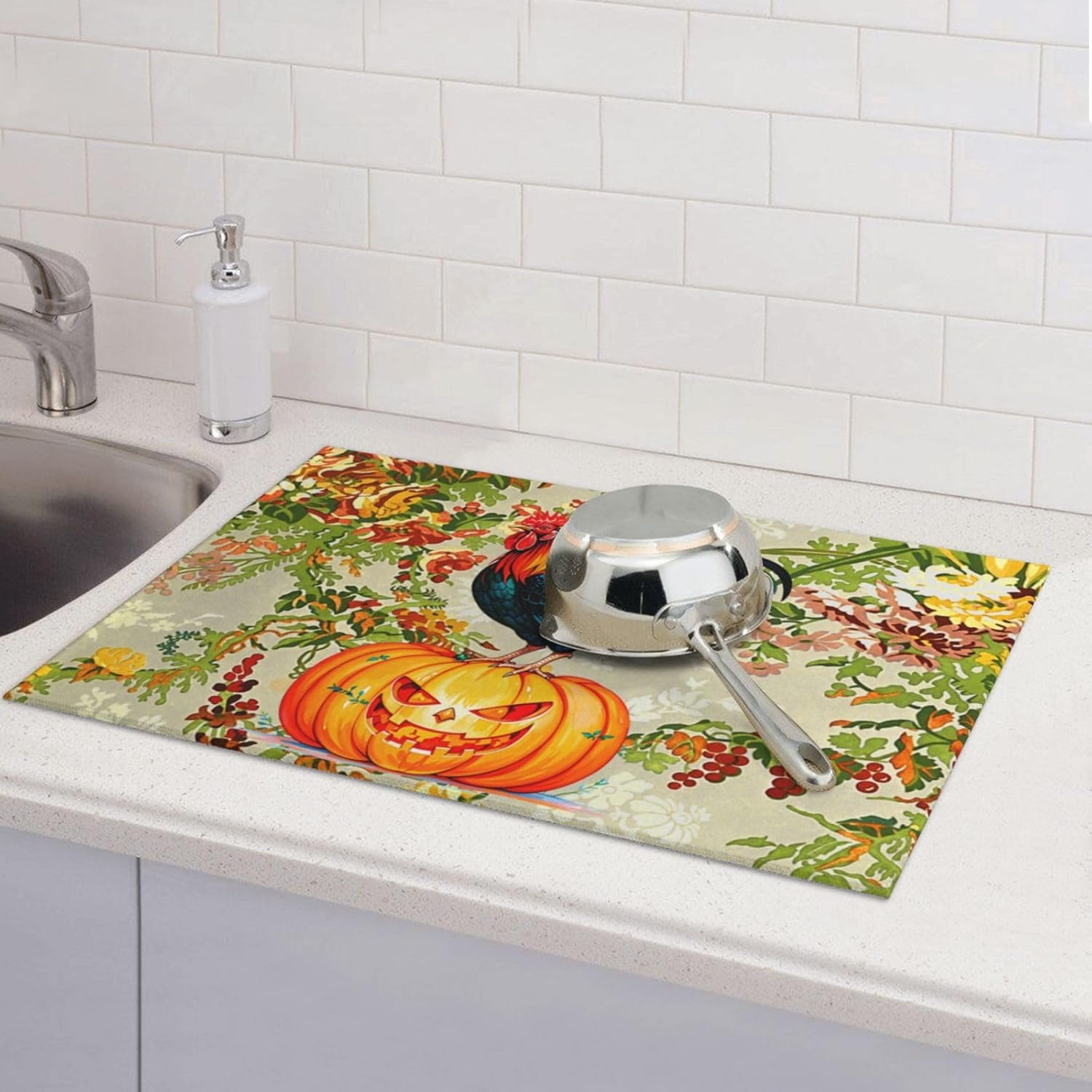 Rooster Pumpkin Dish Drying Mat Highly Absorbent Double-Sided Microfiber with Hanging Loop