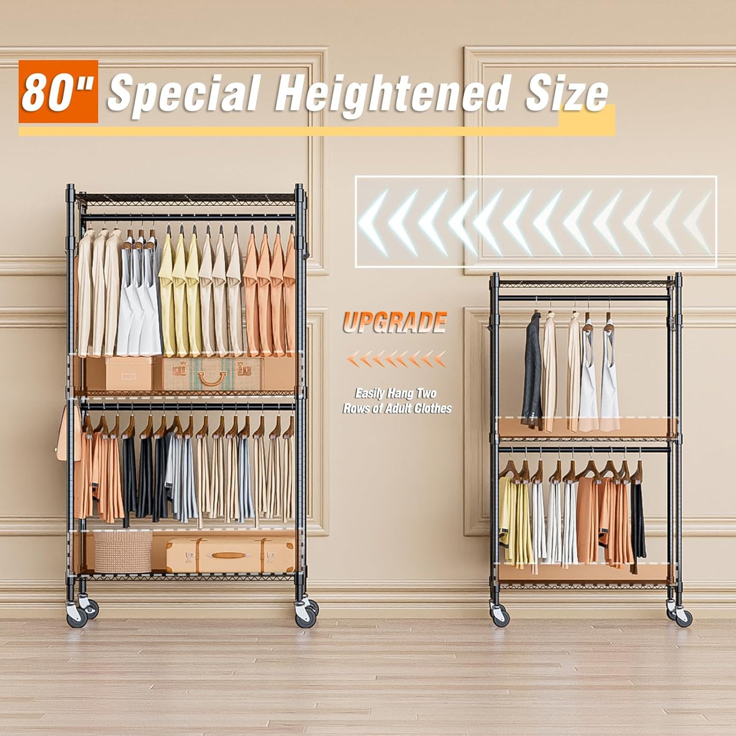 Homdox Heavy Duty Clothing Rack with 3 Tier Adjustable Wire Shelves, Garment Racks for Hanging
