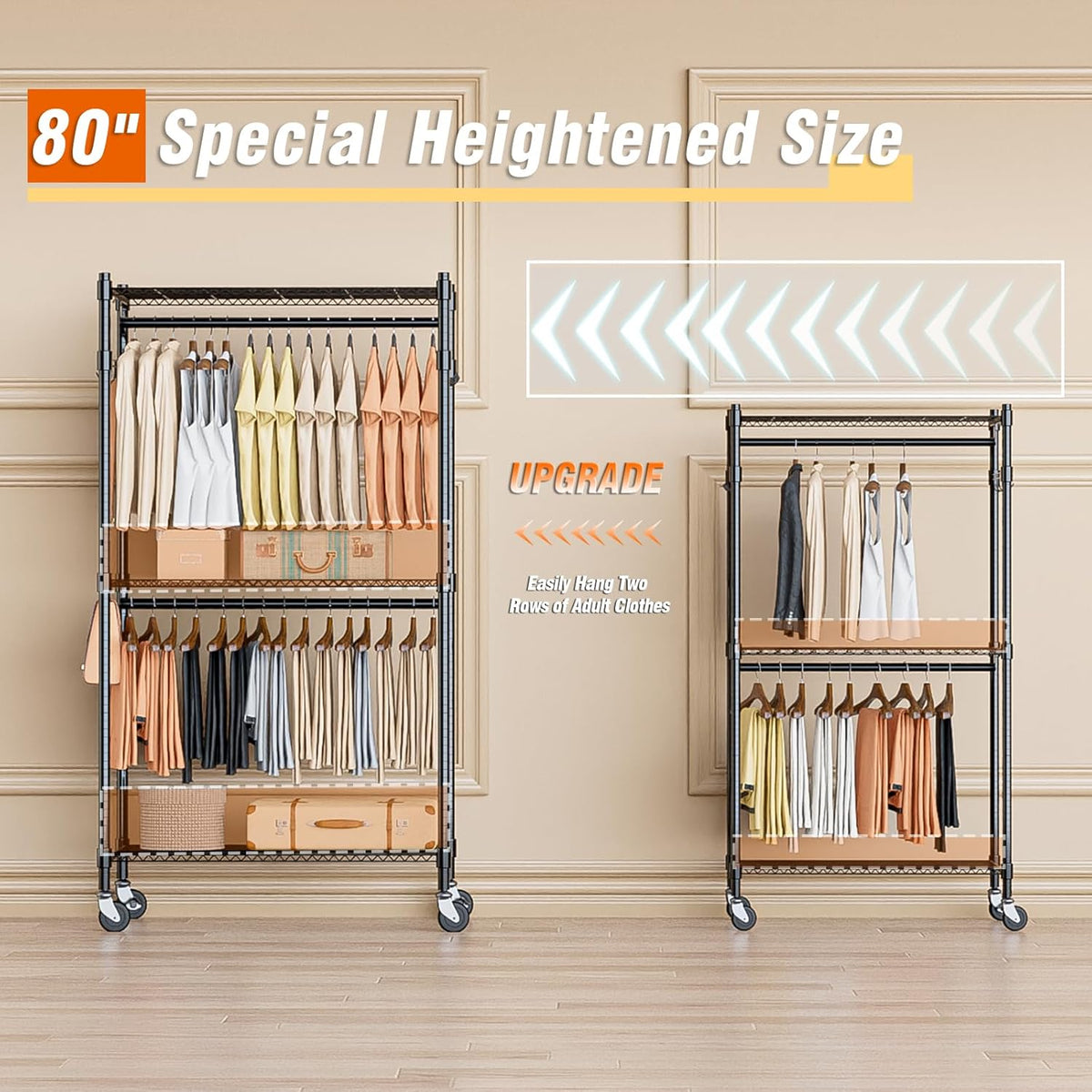 Homdox Heavy Duty Clothing Rack with 3 Tier Adjustable Wire Shelves, Garment Racks for Hanging