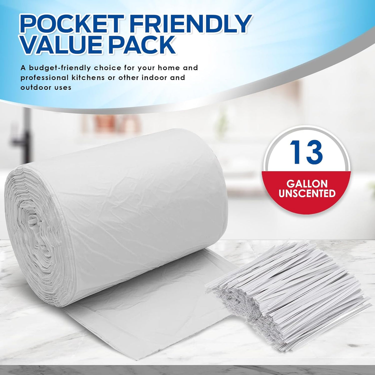 PAMI 13-Gallon Tall Garbage Bags [130-Pack, White] With Twist Ties - Unscented, Odor-Control Trash