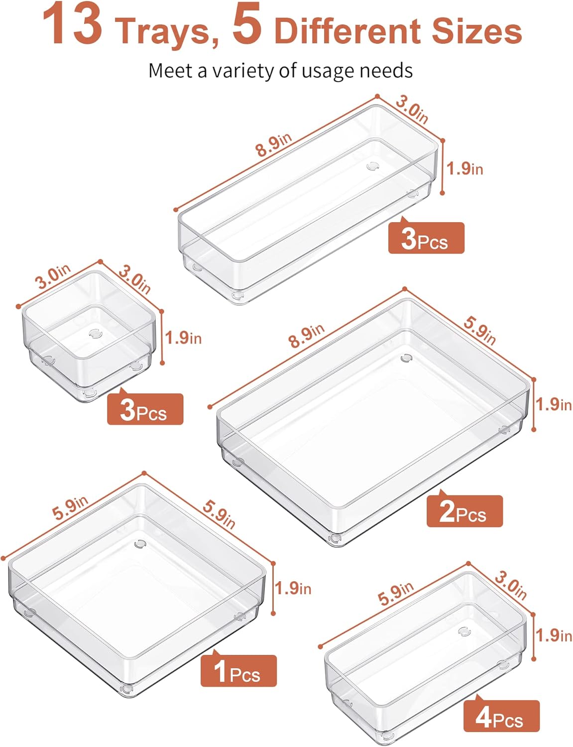 SMARTAKE 13-Piece Drawer Organizer with Non-Slip Silicone Pads, 5-Size Desk Drawer Organizer Trays