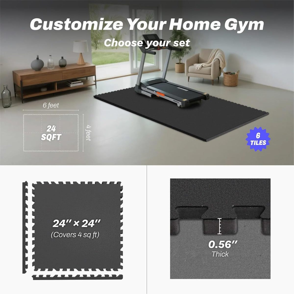AIRHOP 0.56in Thick 24 Sq Ft Exercise Equipment Mats, 6 Tiles Upgraded Rubber Top with High Density