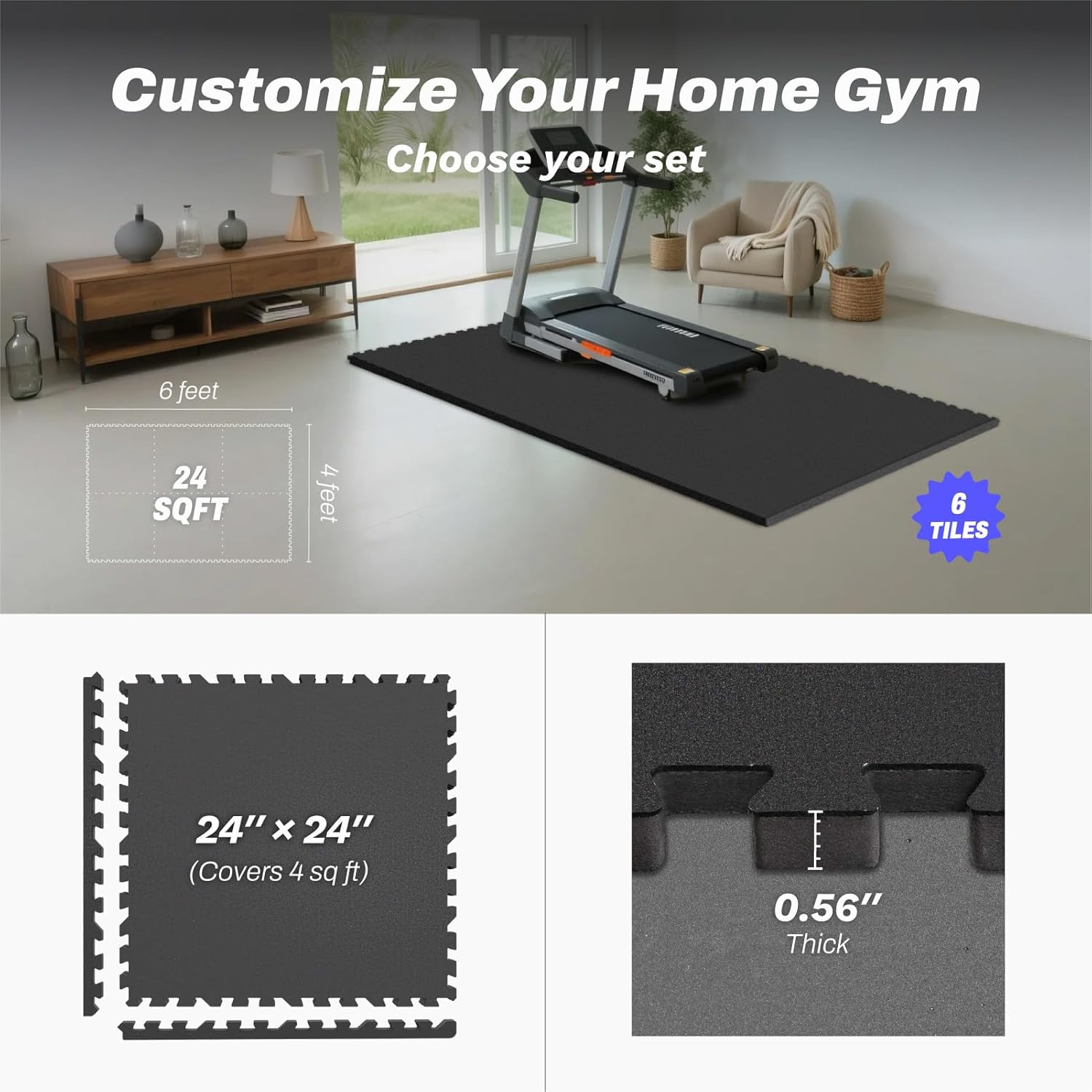 AIRHOP 0.56in Thick 24 Sq Ft Exercise Equipment Mats, 6 Tiles Upgraded Rubber Top with High Density