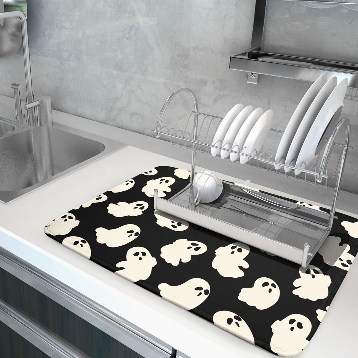 Halloween Ghosts Dish Drying Mat for Kitchen Counter Halloween Cute Ghost Drying Dish Mat 18”x24”