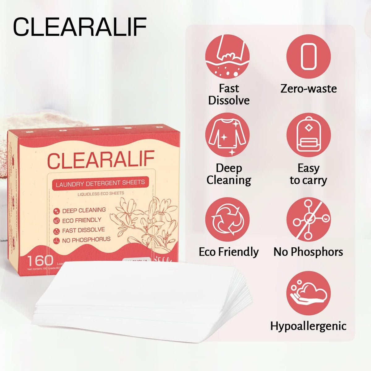 CLEARALIF Laundry Detergent Sheets Up to 160 Loads, Magnolia - Great For Travel,Apartments