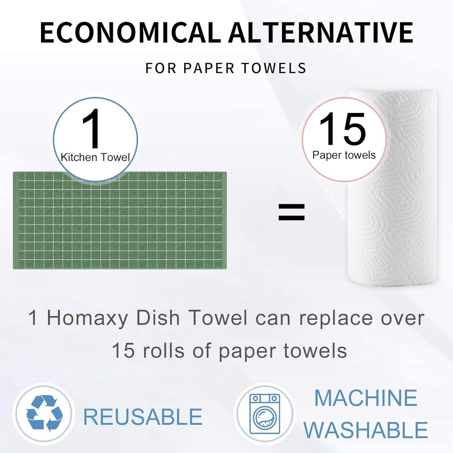 Homaxy 100% Cotton Terry Kitchen Towels(Grass Green, 13 x 28 inches), Checkered Designed, Soft and