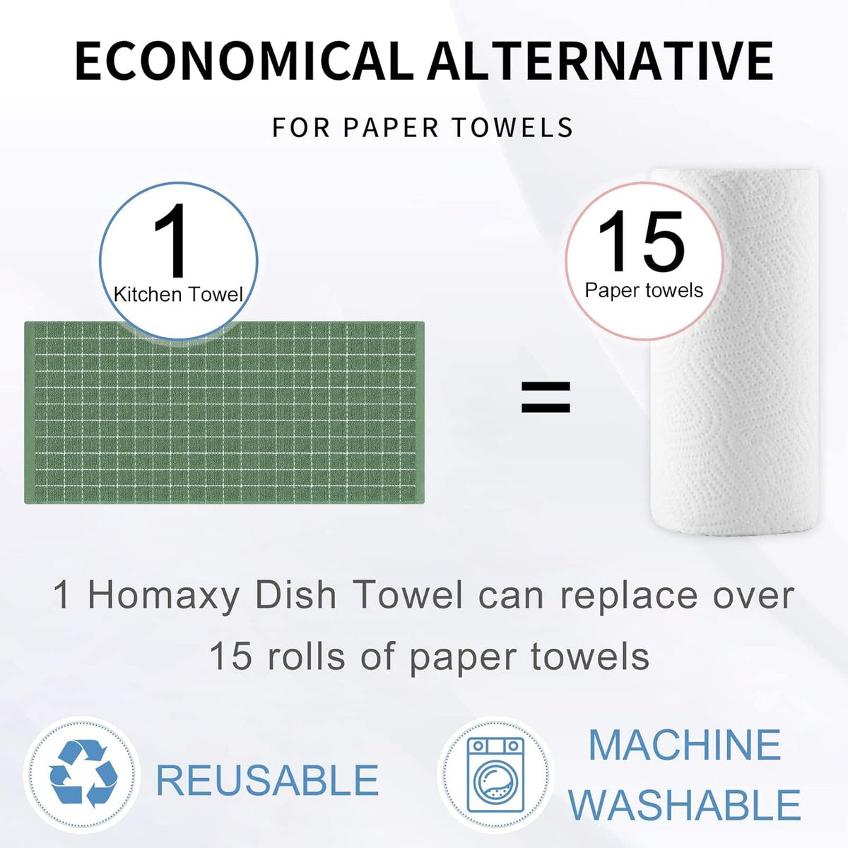 Homaxy 100% Cotton Terry Kitchen Towels(Grass Green, 13 x 28 inches), Checkered Designed, Soft and