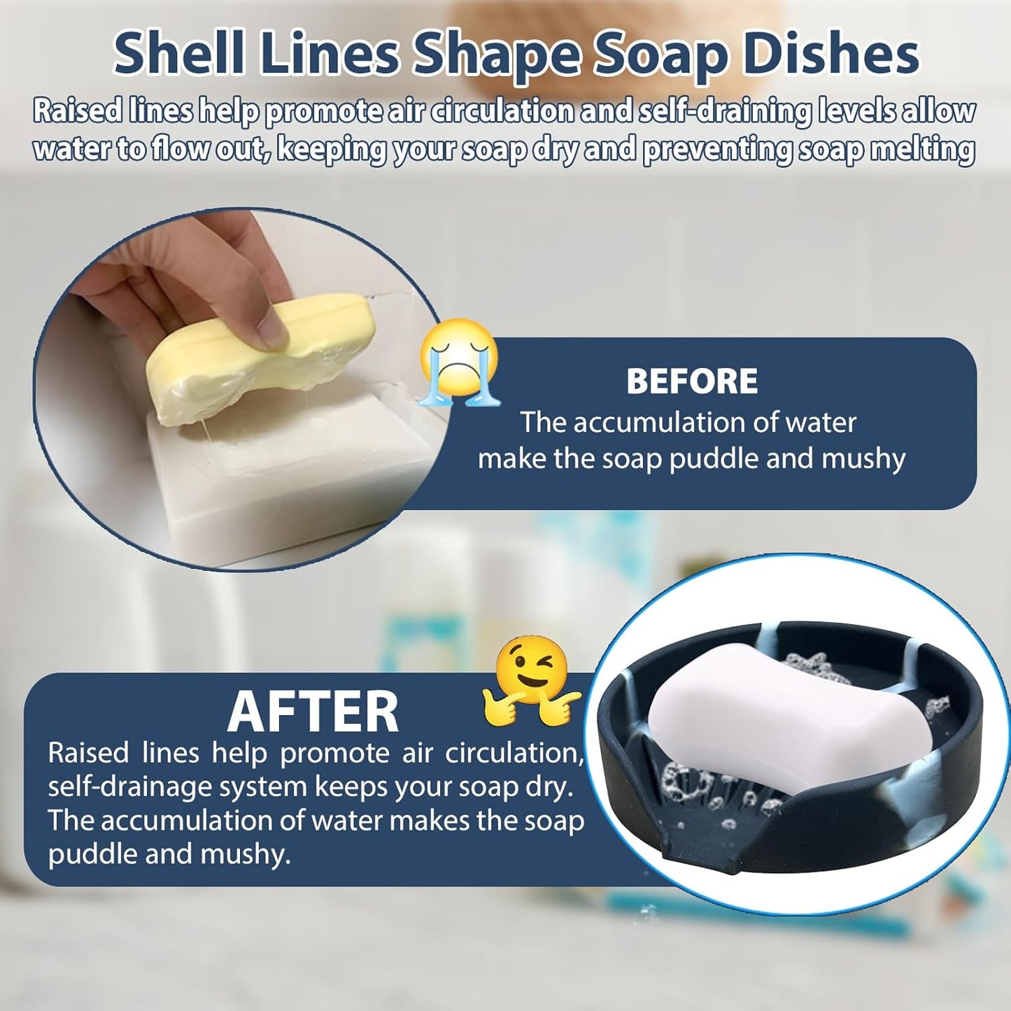 Self Draining Soap Dish, Silicone Suction Cup Soap Holder Tray Savers Container Sponge Holder for