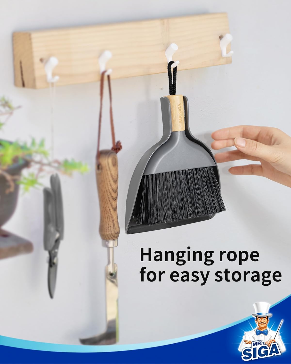 MR.SIGA Mini Dustpan and Brush Set, Portable Cleaning Brush and Dustpan Combo with Bamboo Handle