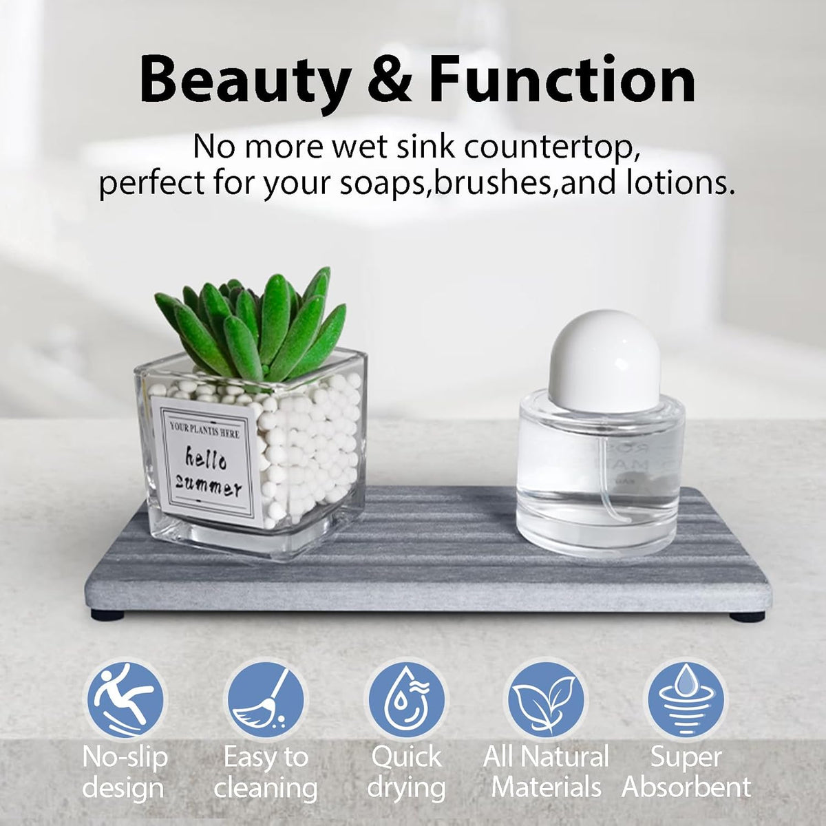 2 PCS Water Absorbing Stone Trays for Bathroom Sink & Kitchen Counter, Fast-Drying Diatomite Sink