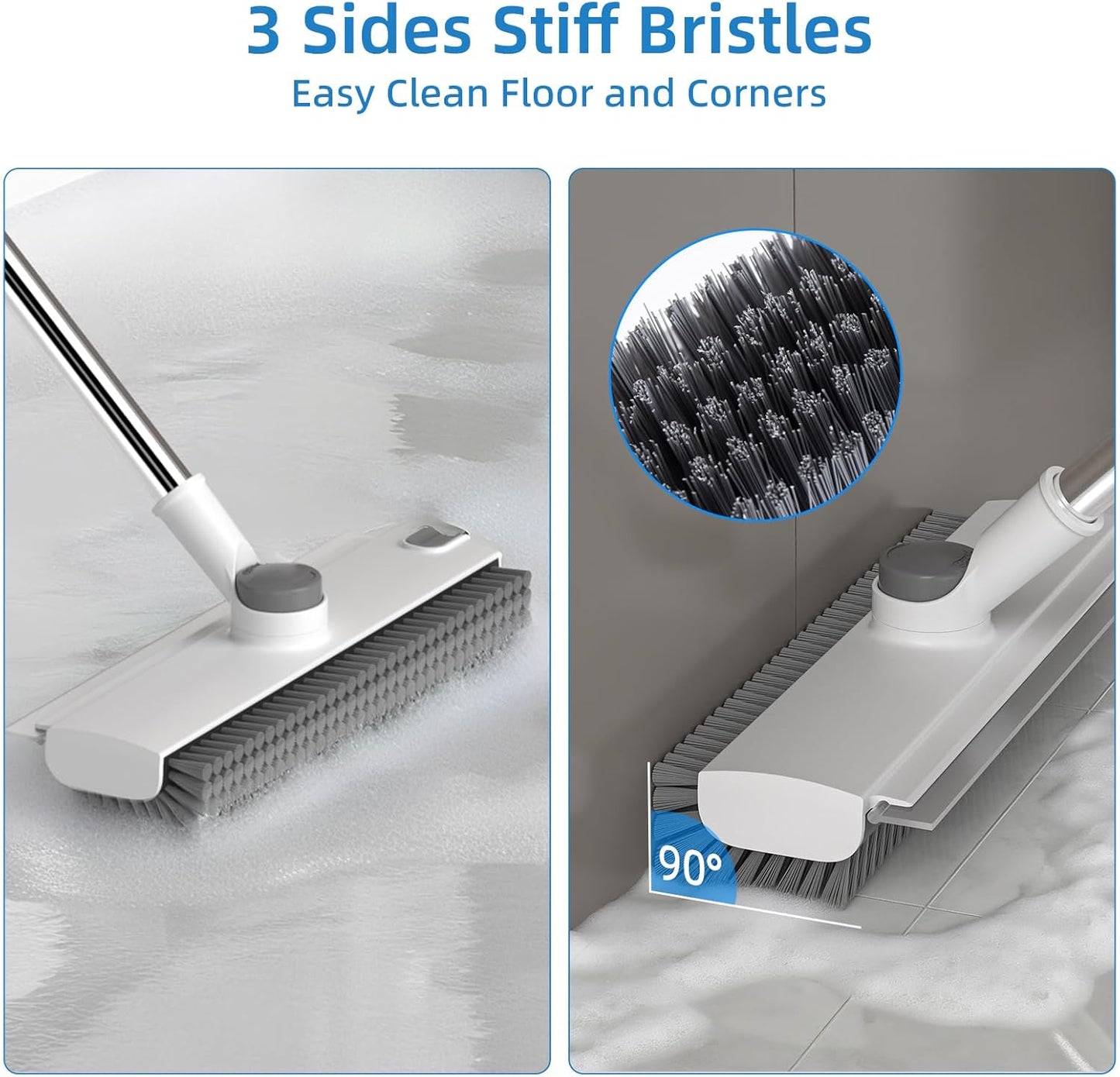 Scrub Brush with Long Handle, Floor Scrub Brush Squeegee Broom for Cleaning, 3 in 1 Shower Scrubber