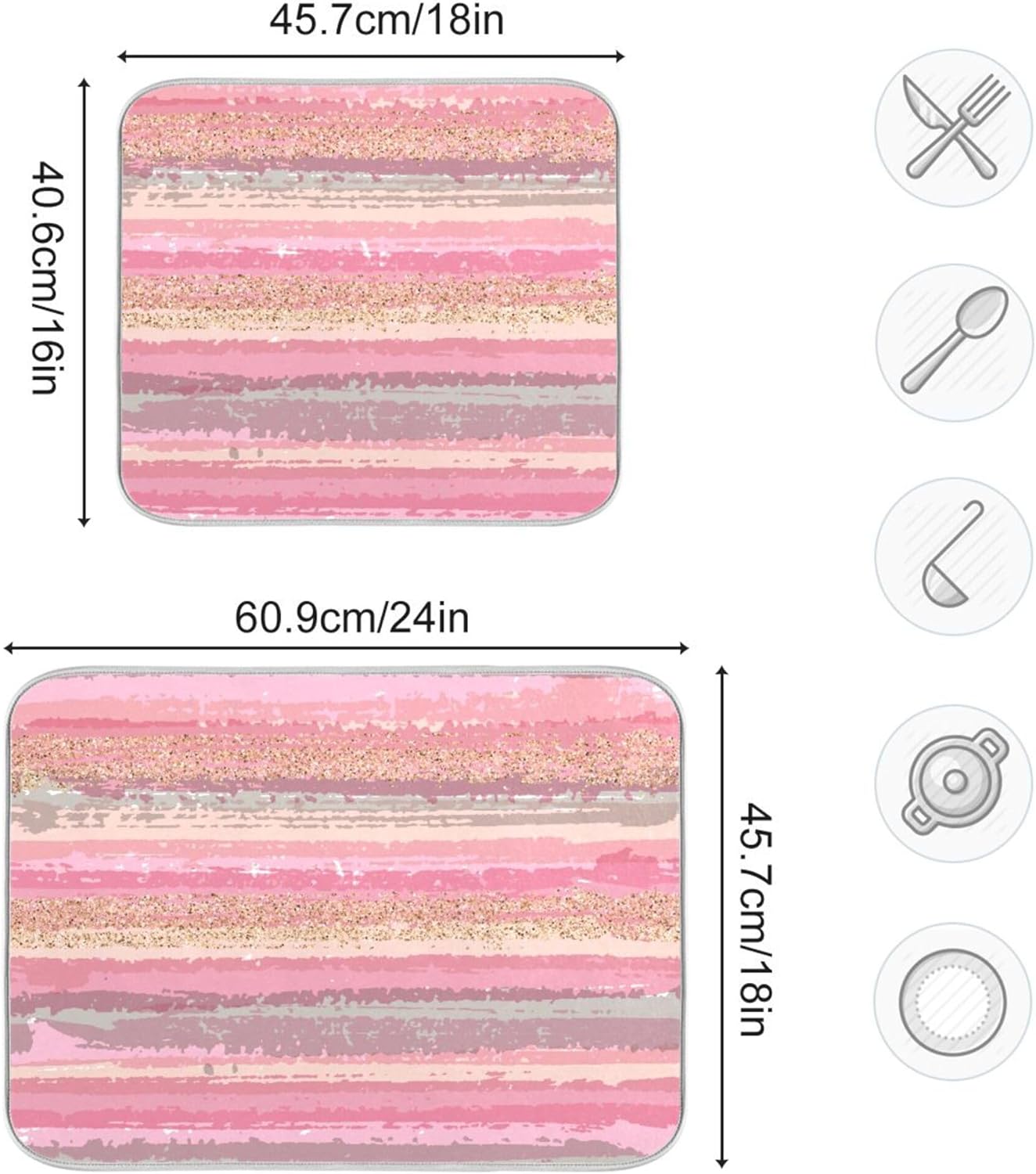 Pink Gold Stripe Dish Drying Mat for Kitchen Countertop 16x18 Rectangle Small Drying Mat Reusable