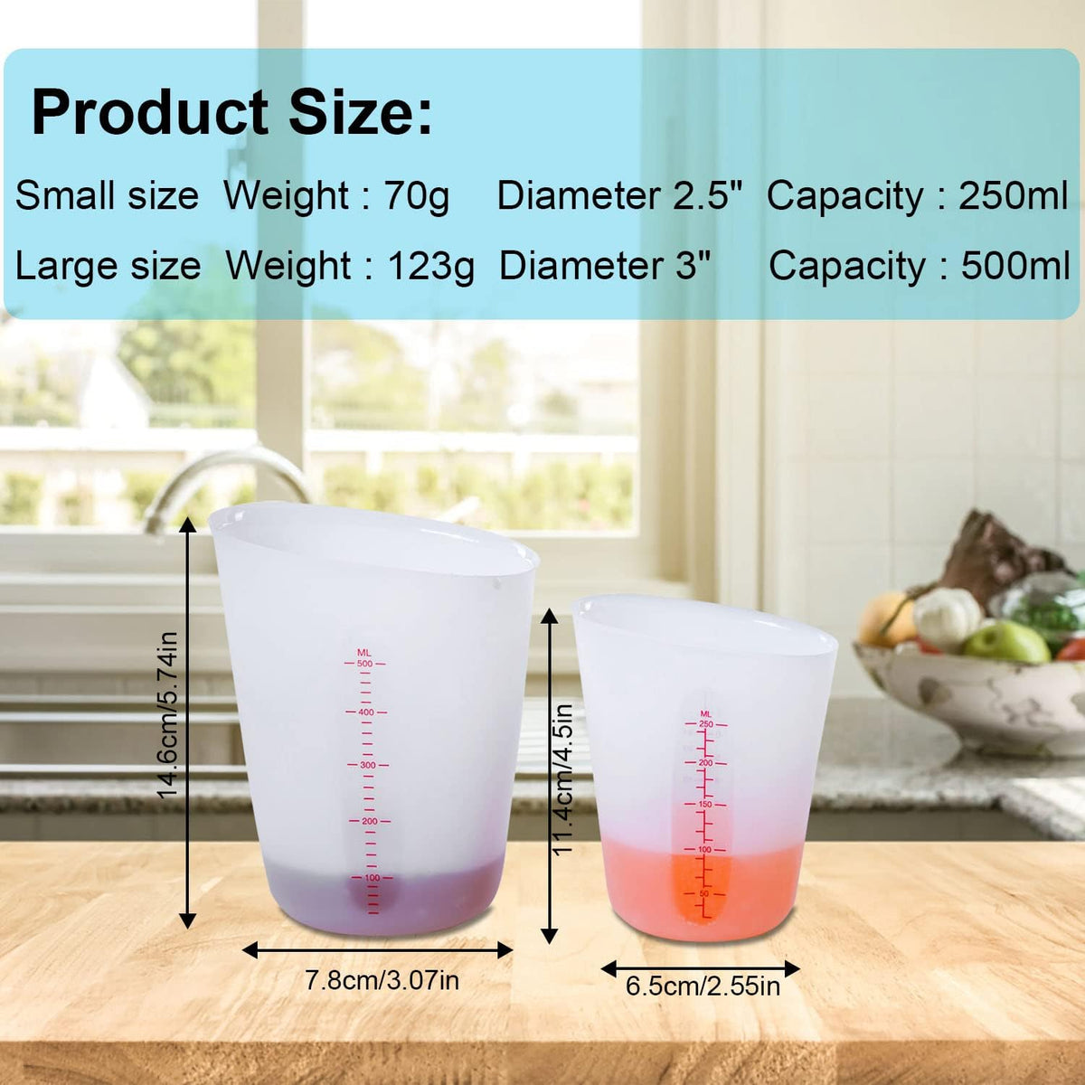 Silicone Measuring Cups, 500ml & 250ml Large Flexible Mixing Cups, 2 Cups Pour Baking Cups for