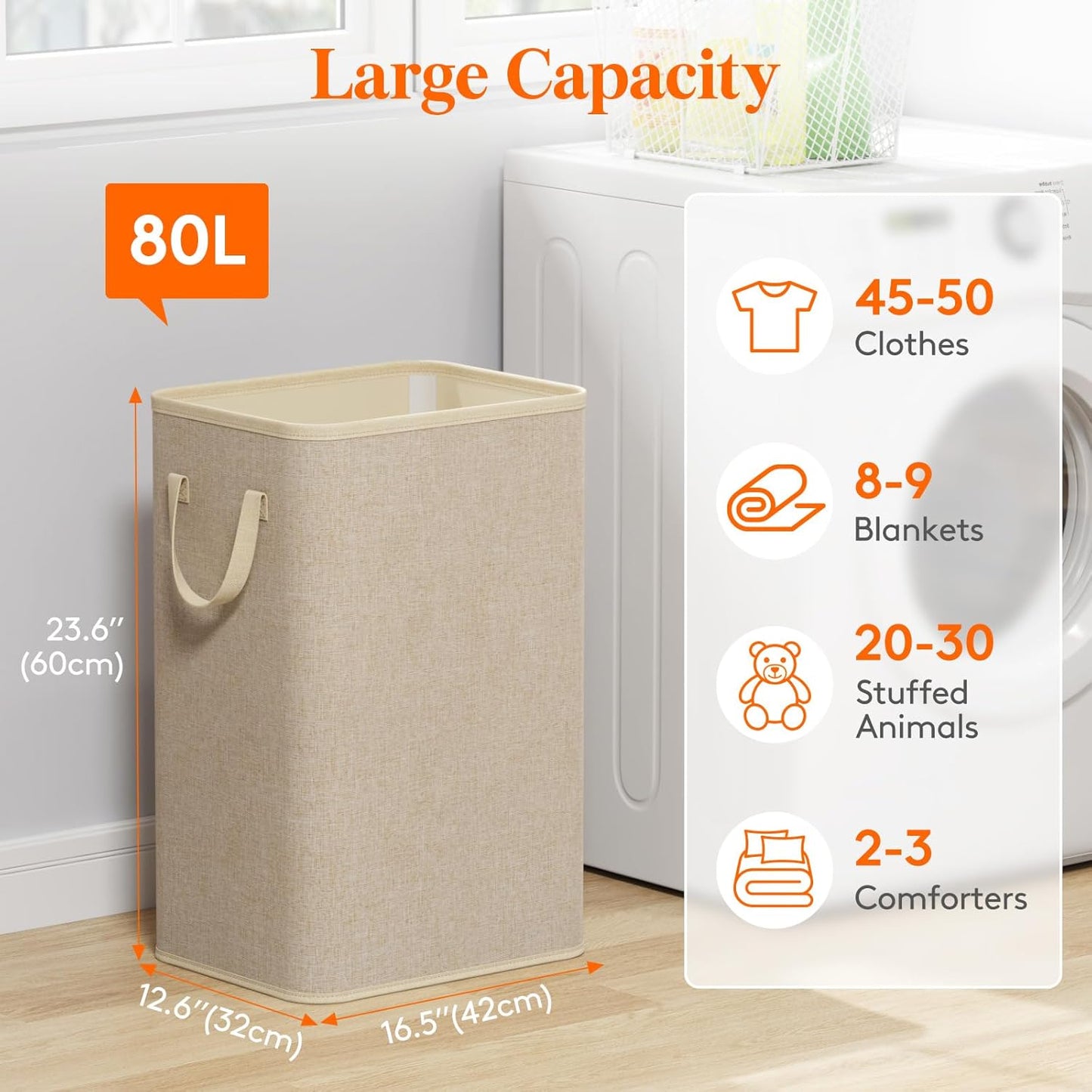 Lifewit 80L Large Tall Laundry Hamper, Collapsible Laundry Basket with Handles, Foldable Clothes